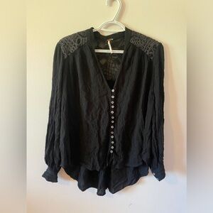 FREE PEOPLE Canyon Rose Embroidered Boho Hi Lo Blouse Black